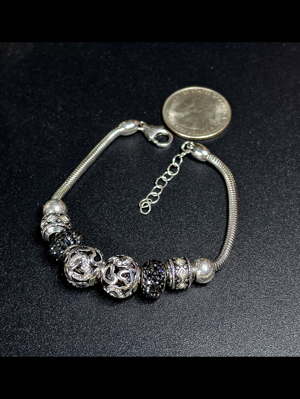 Fiora Italy Sterling Silver Women's Charm Bracelet with Black Crystal Accents